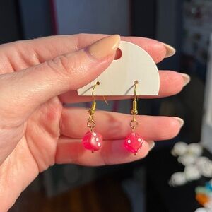 Handmade Gold Drop Earrings with Pink Dice Beads
